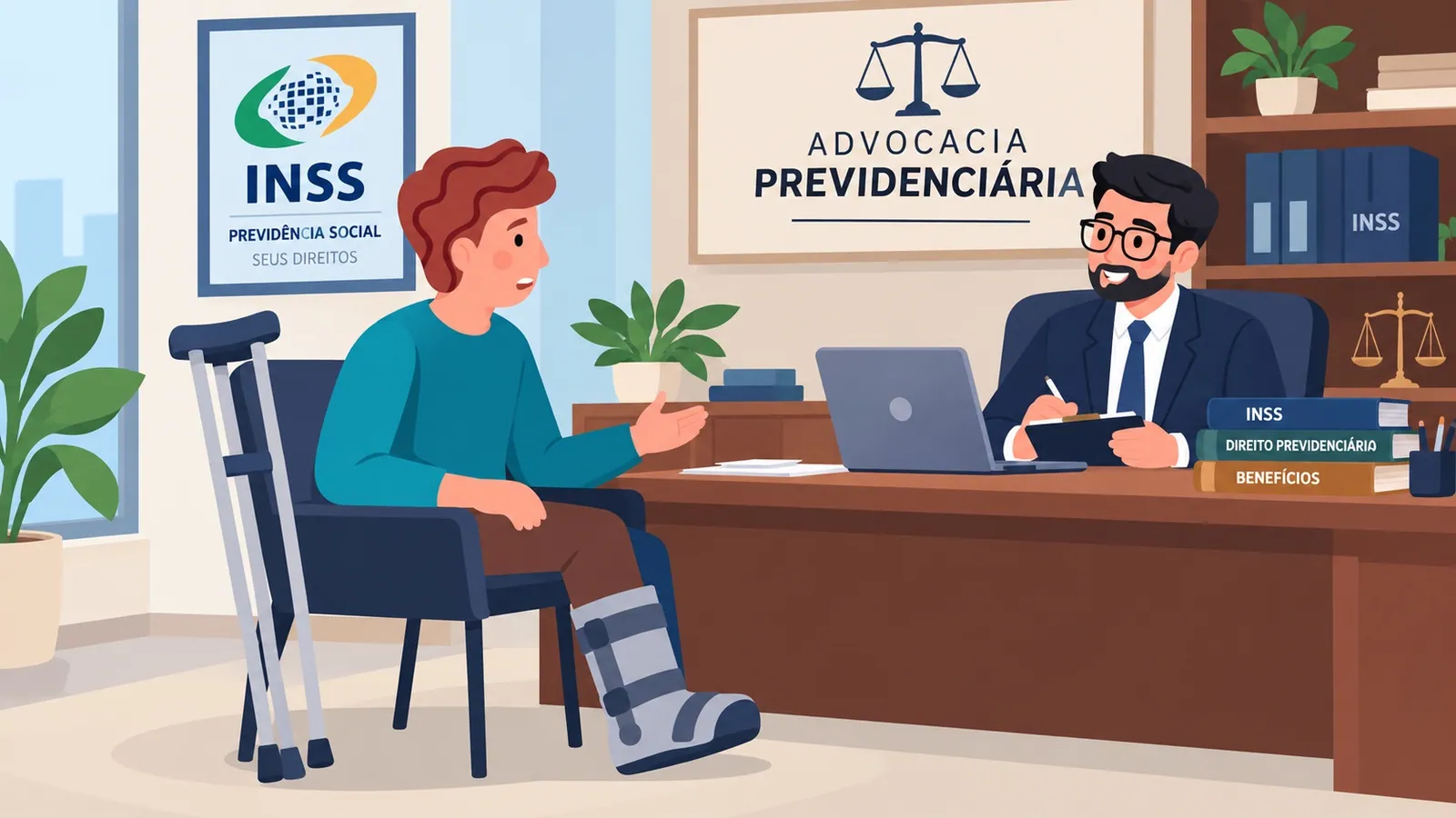 Homem com a perna imobilizada e muletas conversa com um advogado em um escritório sobre auxilio-acidente.