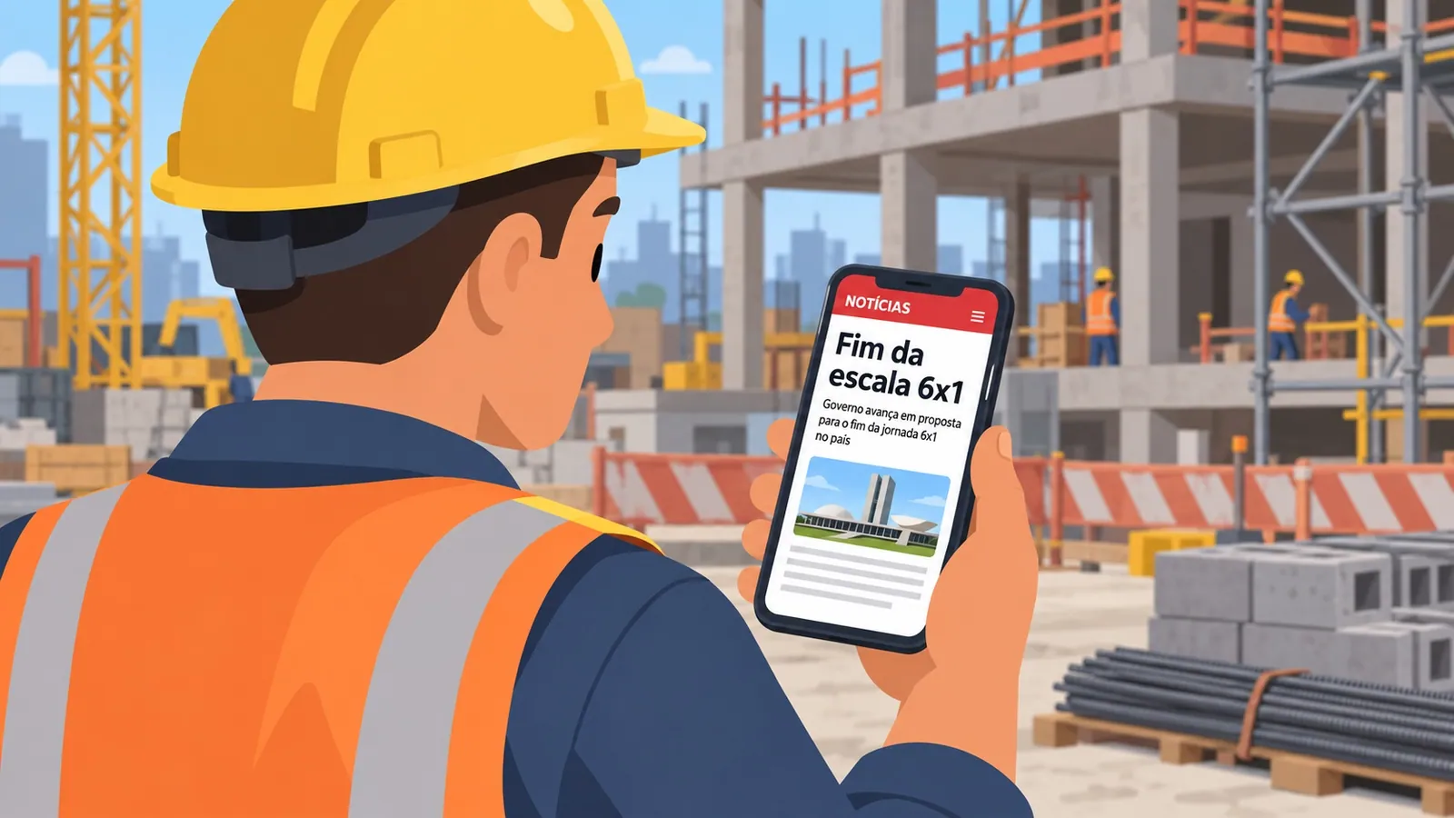 Trabalhador da construção civil consulta notícia sobre o fim da escala 6x1 no celular, em um canteiro de obras.