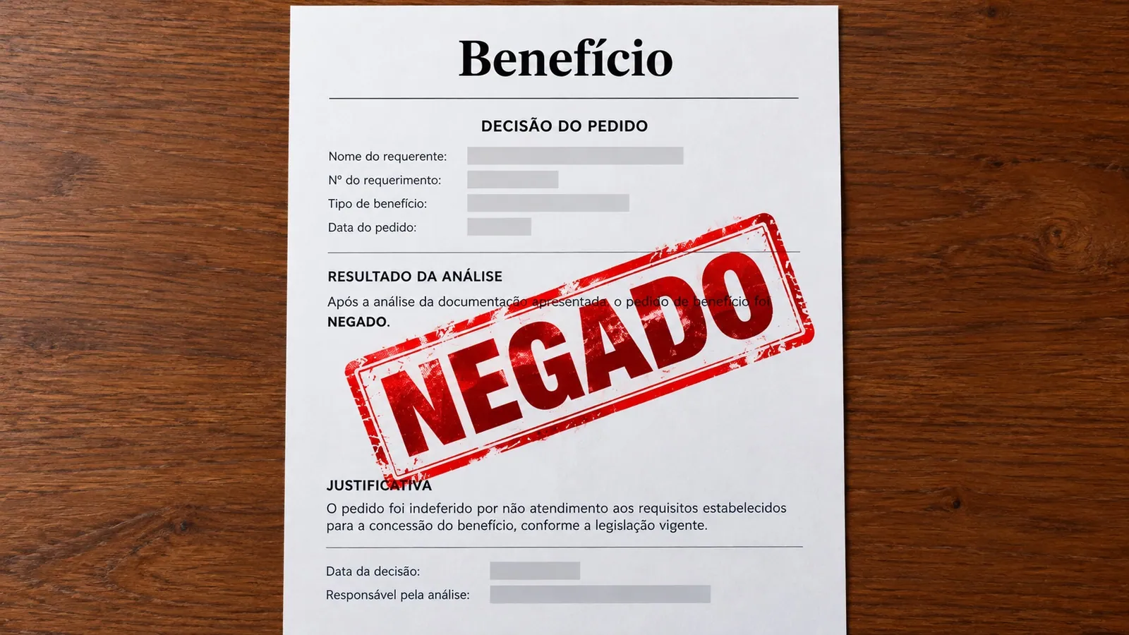 Documento de benefício do INSS com carimbo vermelho “NEGADO”, representando o indeferimento de benefício previdenciário.