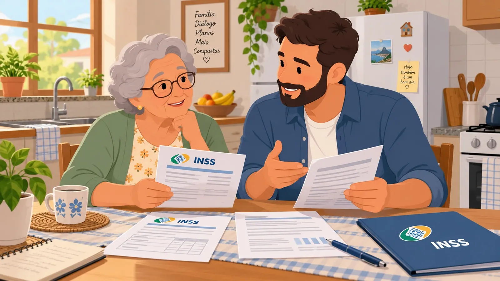 Idosa e filho adulto conversam à mesa da cozinha, com documentos do benefício do INSS à frente.