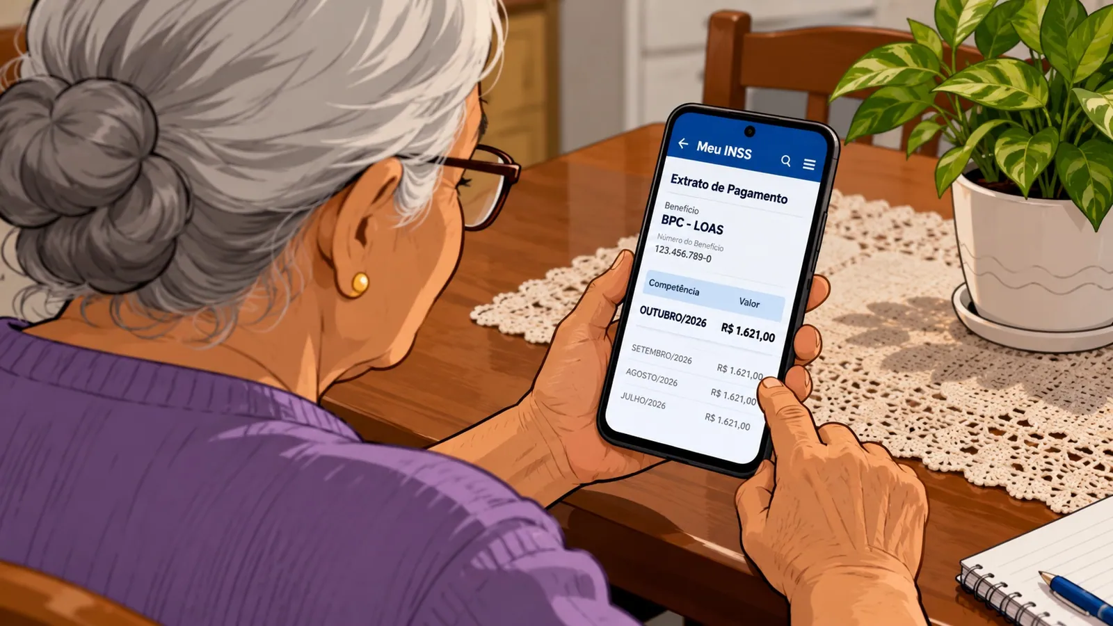 Idosa confere o extrato do benefício do INSS no celular, sentada à mesa de casa.