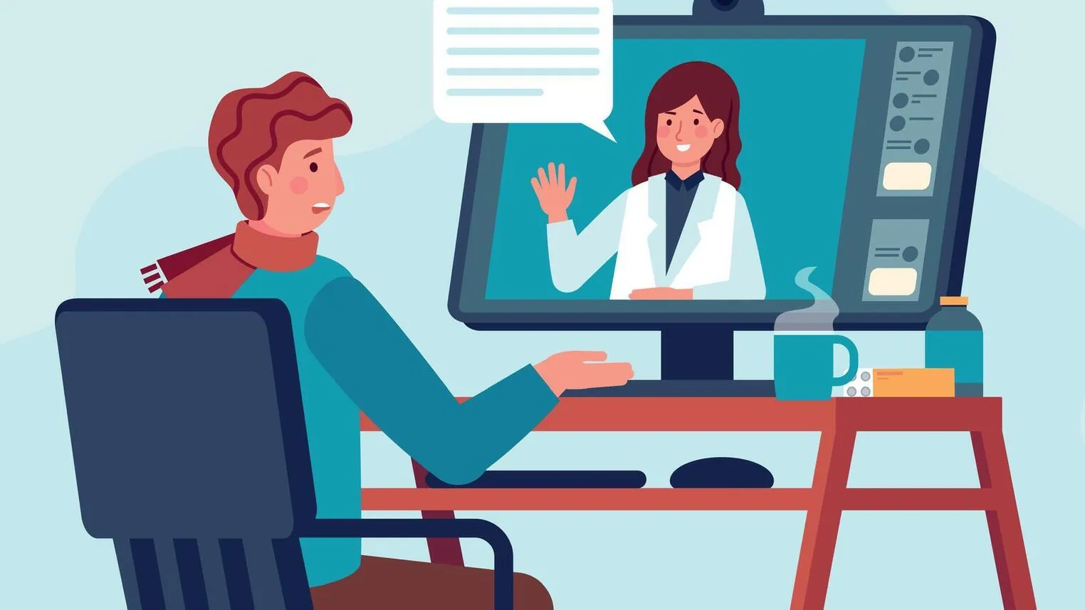Homem participa de consulta por chamada de vídeo com uma médica, pelo computador.