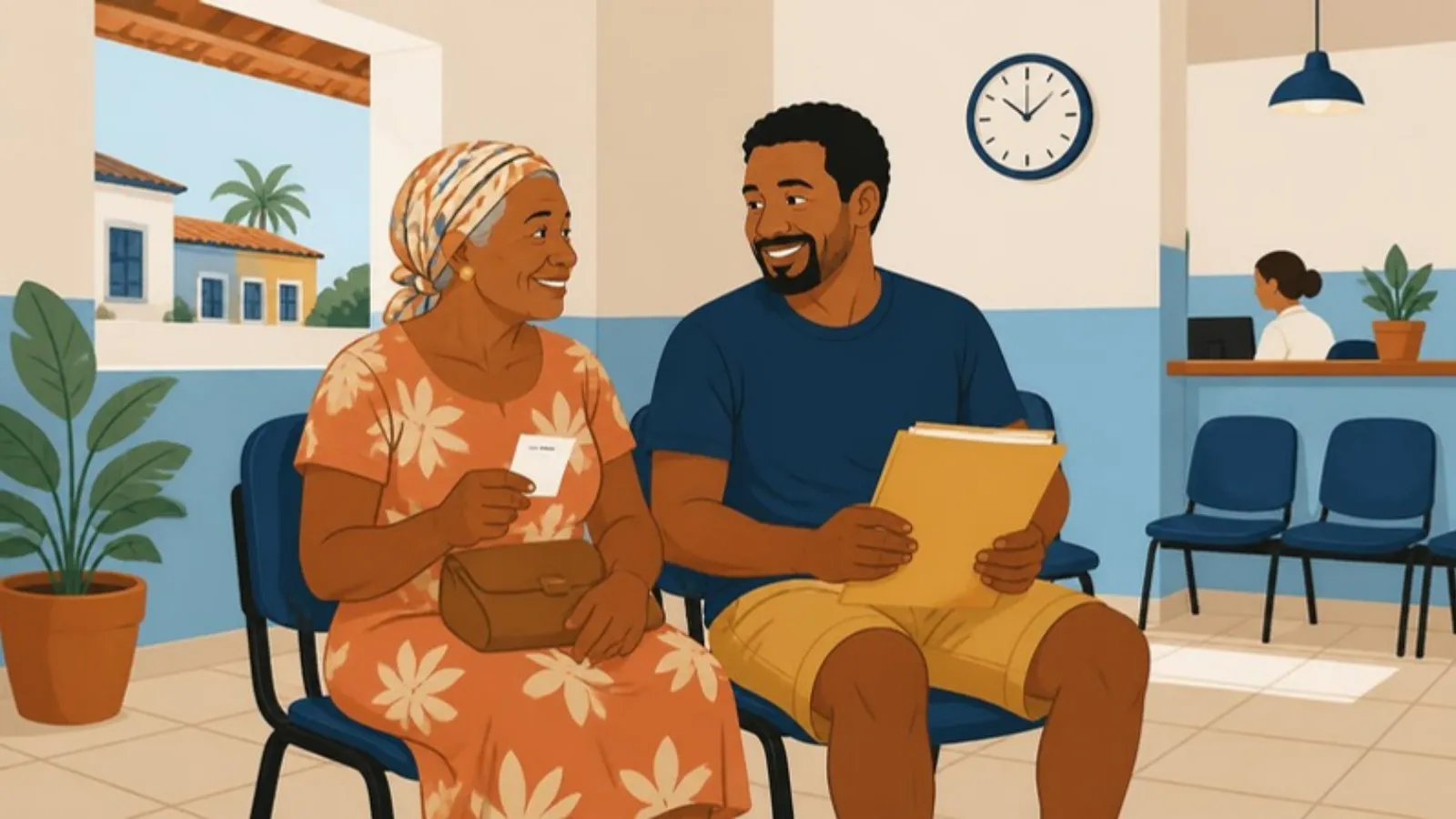 Ilustração de uma senhora e o filho na sala de espera de uma agência do INSS, com senha e pasta de documentos.