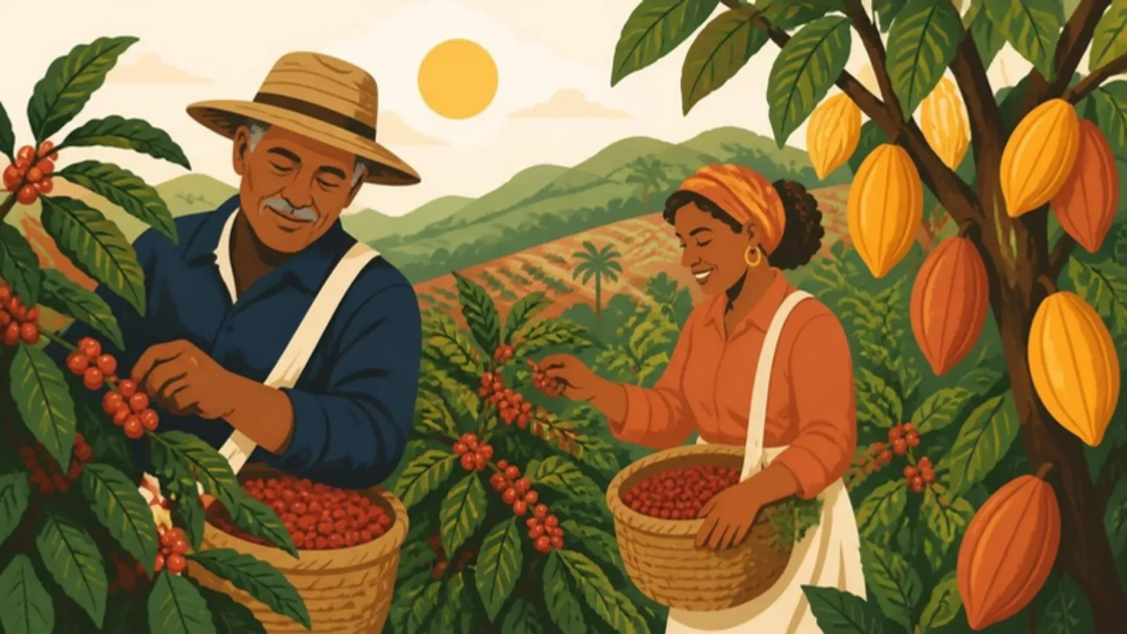 Ilustração de um lavrador e uma lavradora colhendo café ao lado de pés de cacau, num morro do sul da Bahia.