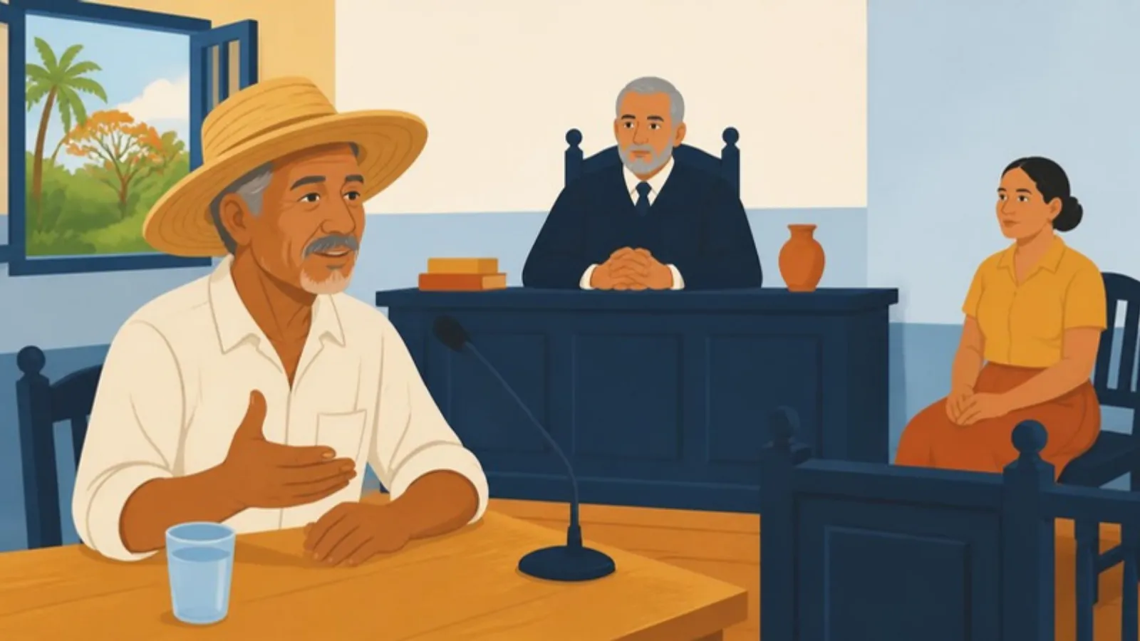 Ilustração de um trabalhador rural de chapéu de palha falando numa audiência, com o juiz e uma testemunha ao fundo.